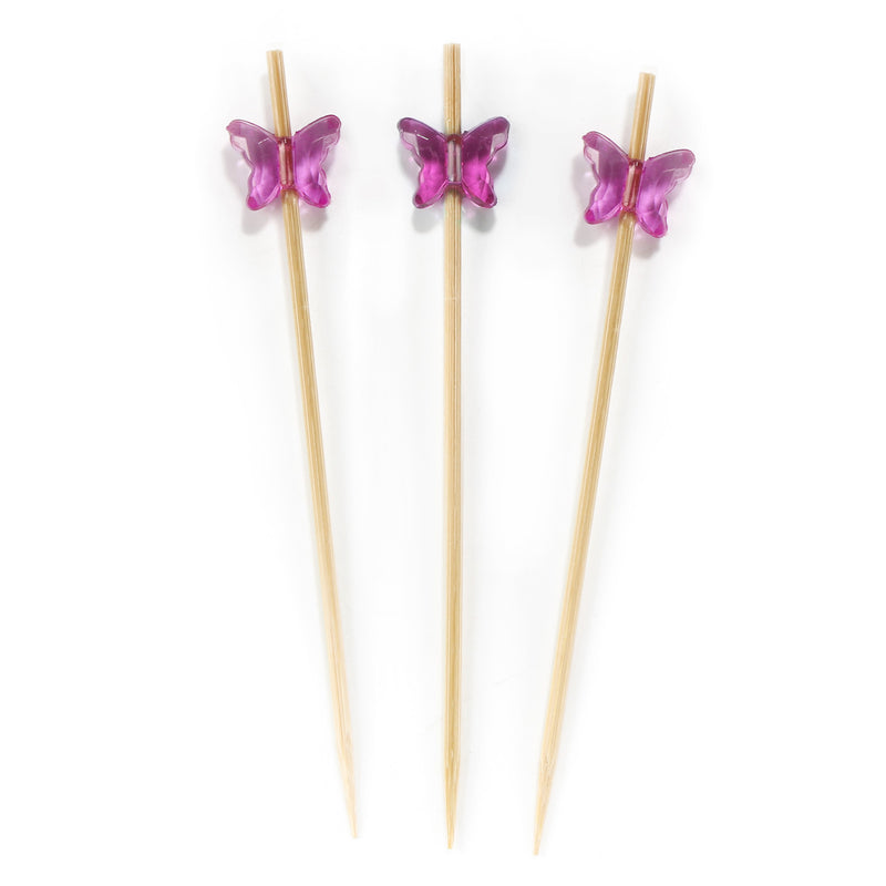 3.9" Decorative Acrylic Butterfly End Bamboo Cocktail Picks