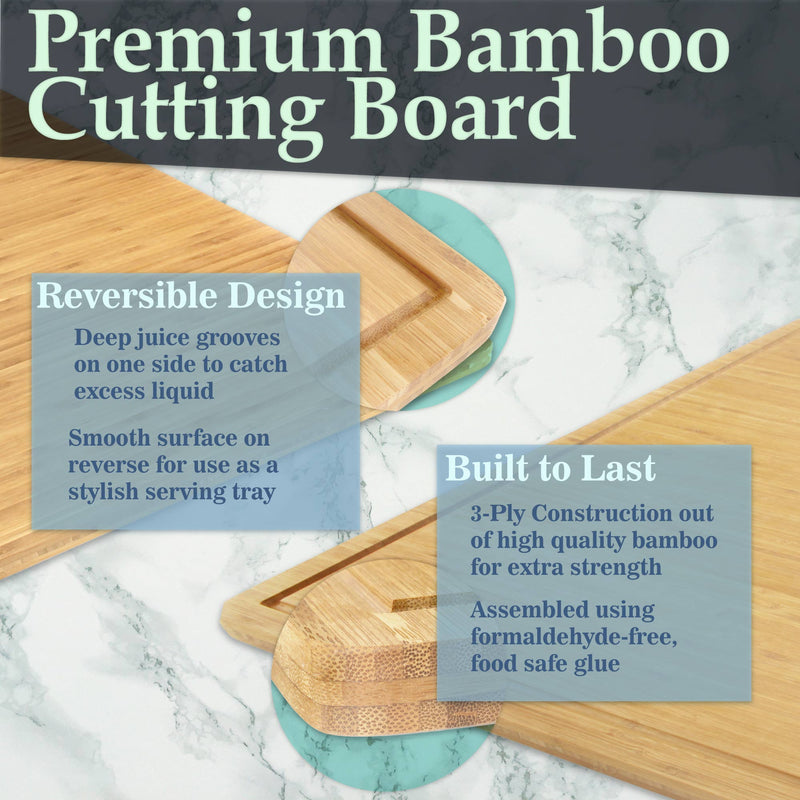 Premium Bamboo Cutting Board, Grooved/Flat with Chef's Knife, Cleaver and Kitchen Shears Set - Various Sizes