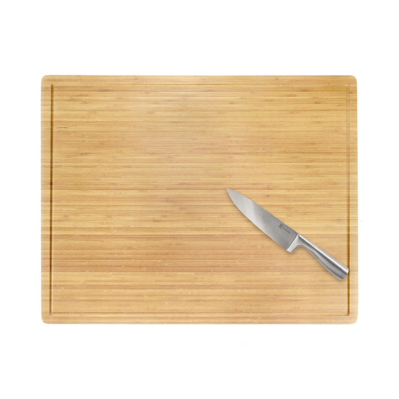 Premium Bamboo Cutting Board, Grooved/Flat with Chef's Knife - Various Sizes