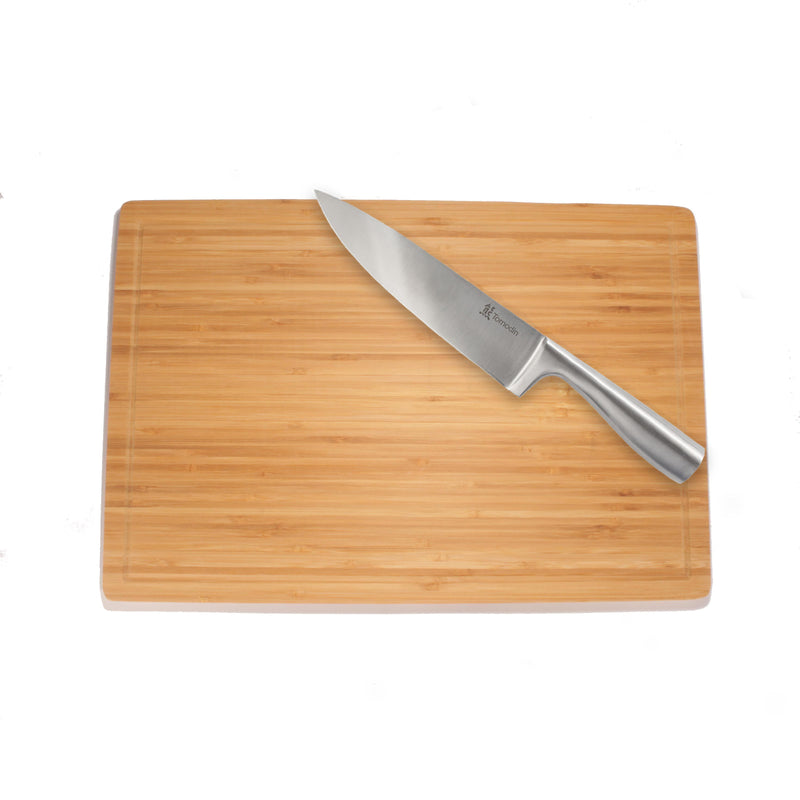 Premium Bamboo Cutting Board, Grooved/Flat with Chef's Knife - Various Sizes