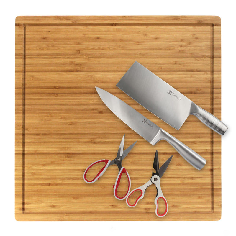 Premium Bamboo Cutting Board, Grooved/Flat with Chef's Knife, Cleaver and Kitchen Shears Set - Various Sizes