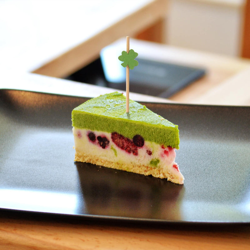 clover shamrock bamboo picks skewer green matcha cheese cake strawberry healthy dessert appetizer