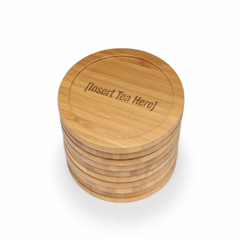 Coffee and Tea Phrases Round Custom Engraved Bamboo Coaster Set