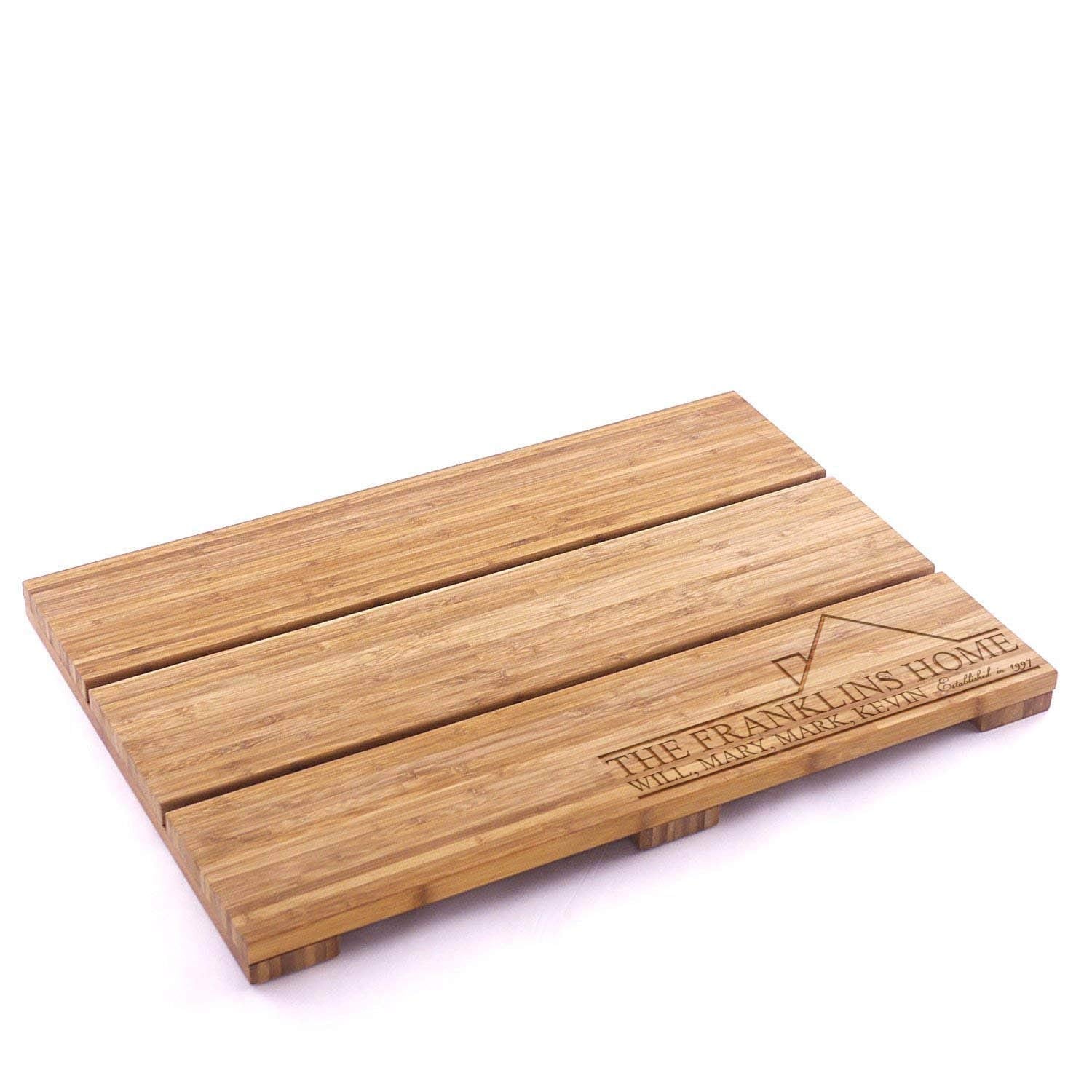 Custom Engraved Raised Bamboo Bath Mat: Names in House Outline