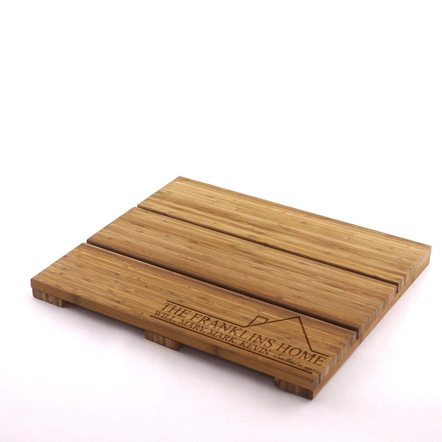 Custom Engraved Raised Bamboo Bath Mat: Names in House Outline