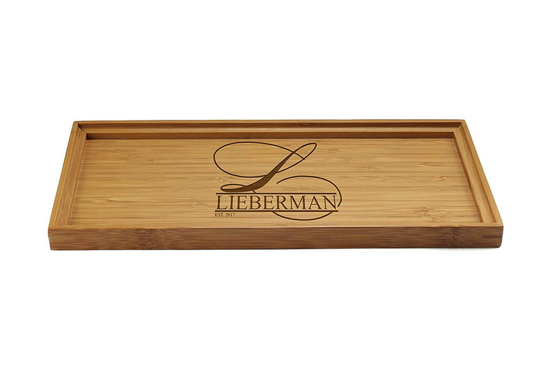 Engraved Serving Tray Family Name w/ Script Letter 11" x 5.5" x 0.6" Square Edges