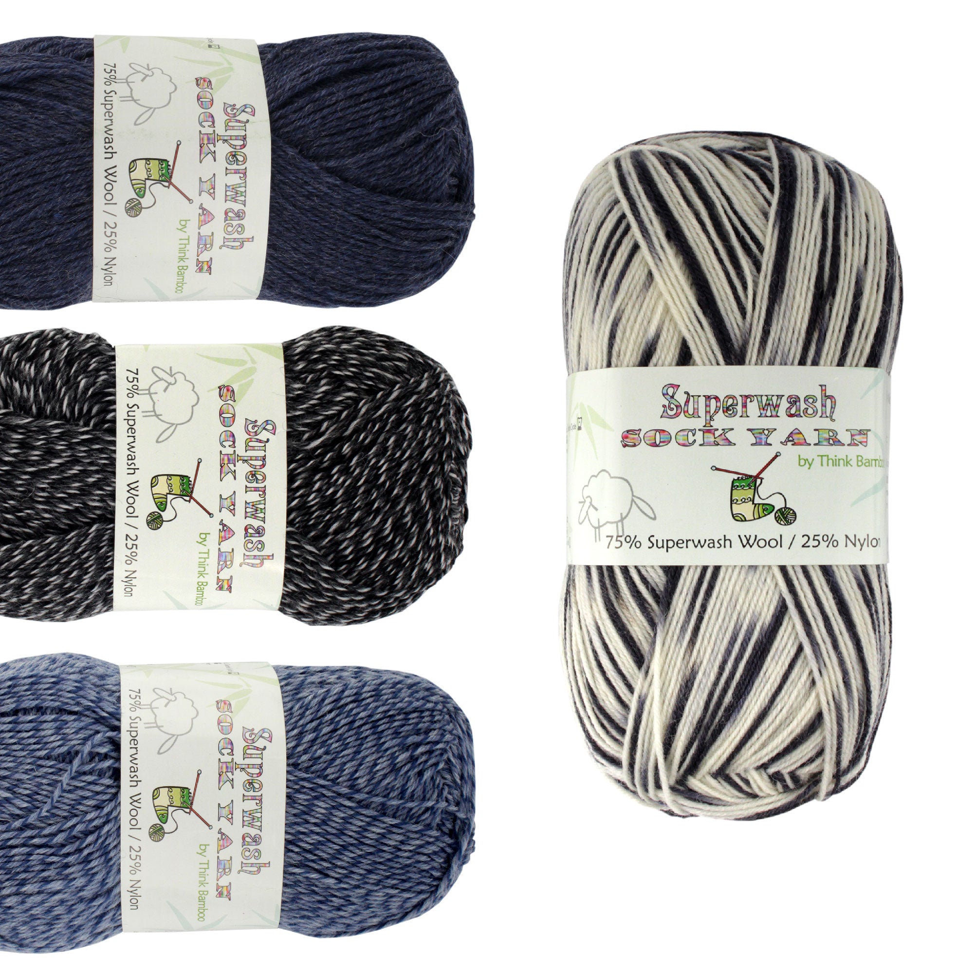 group of three yarn on the left horizontally with one yarn on the right vertically