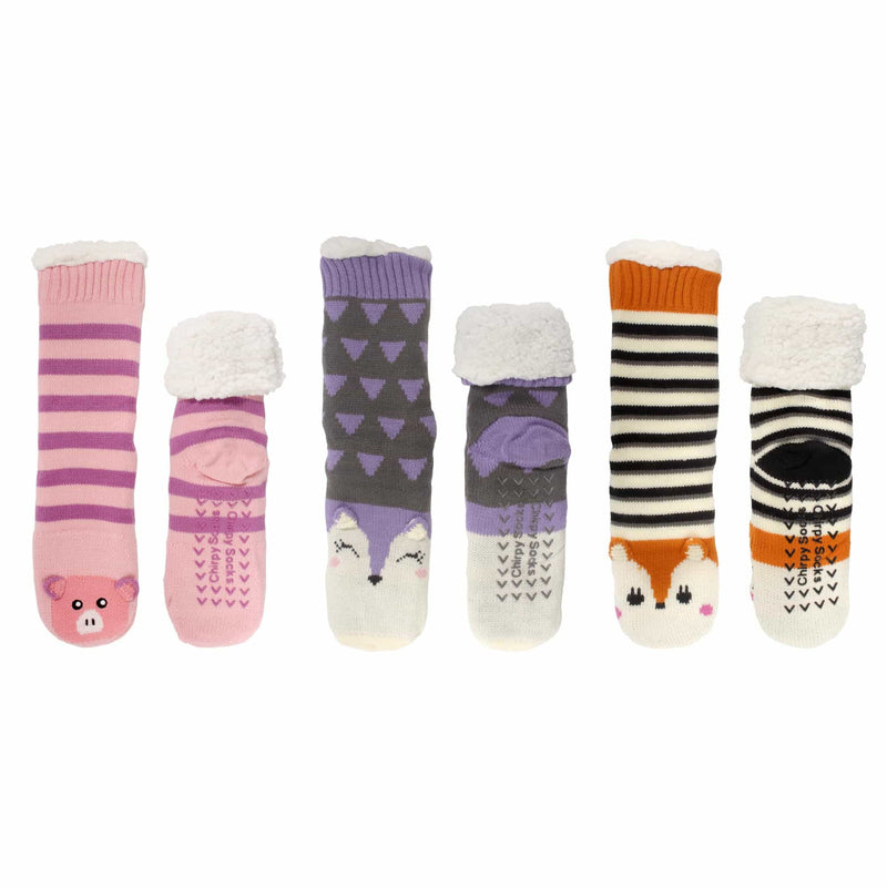 Extra Thick Fuzzy Thermal Fleece-lined Knitted Non-skid Animal Crew Socks - 3 Pair