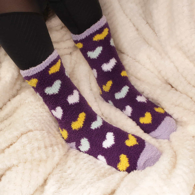 women's purple hearts soft and cozy fuzzy home socks 4 pair