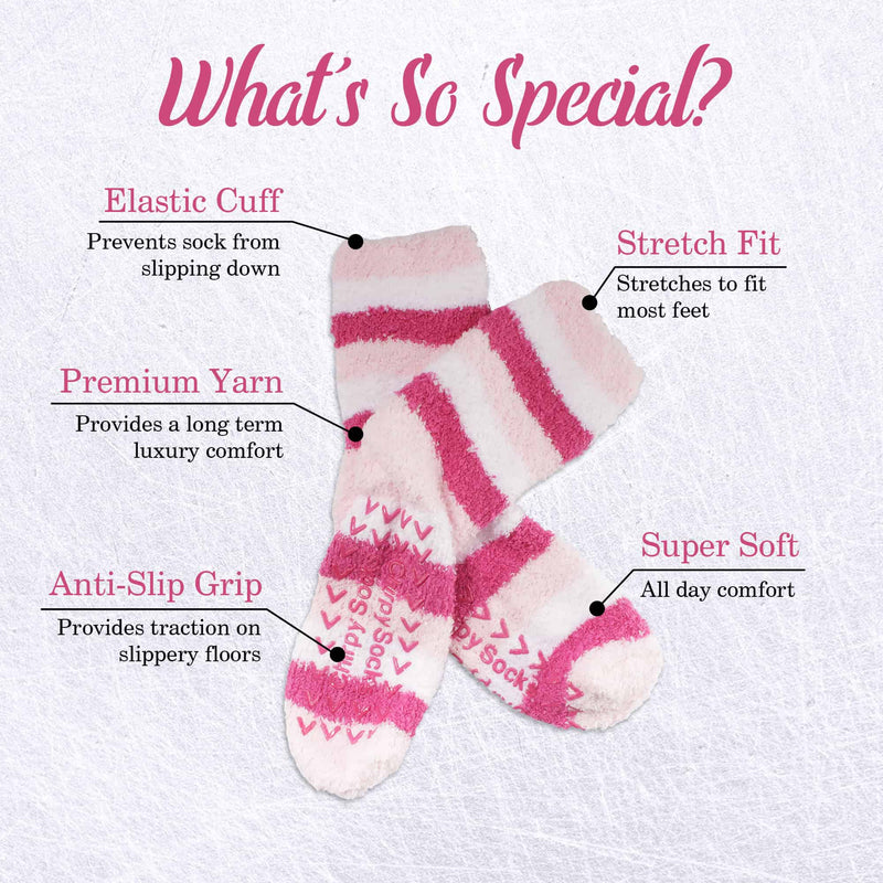 ELASTIC CUFF - Prevents sock from slipping down / STRETCH FIT - Stretches to fit most feet / PREMIUM YARN - Provides a long term luxury comfort / SUPER SOFT - All day comfort / ANT-SLIP GRIP - Provides traction on slippery floors
