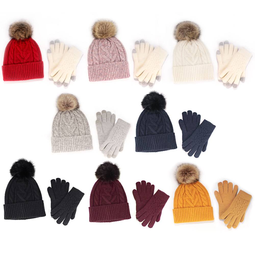 fuzzy pompom beanie mittens set