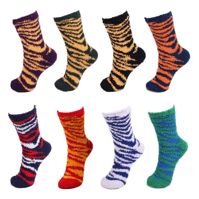 Chirpy Socks Fuzzy Zebra Socks in popular sport teams colors