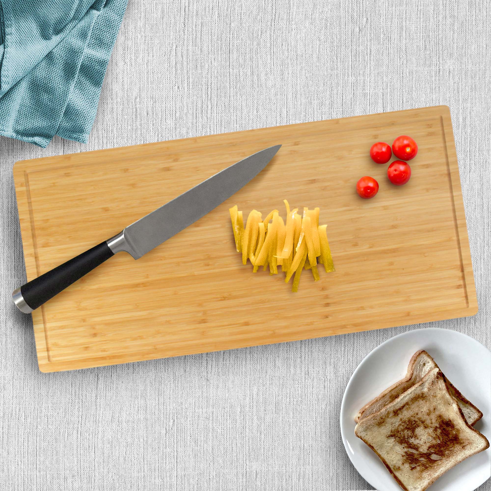 Heavy Duty 24" x 12" x 1" Bamboo Cutting Board Life Style with Knife