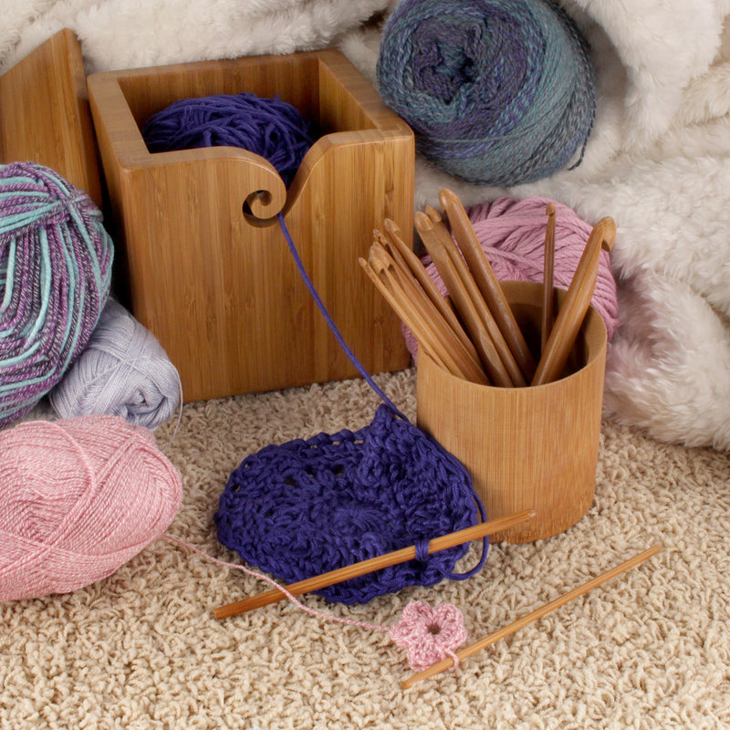 hooks in container with yarn