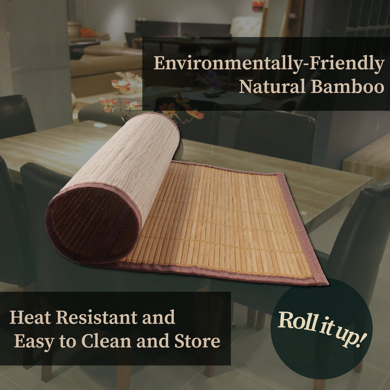bamboo slat placemats infographic environmentally friend natural bamboo heat resistant and easy to clean and store away