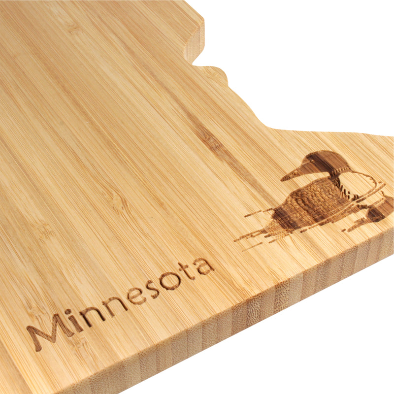 Minnesota with Loon Engraved cutting and serving board close up on engraved part 
