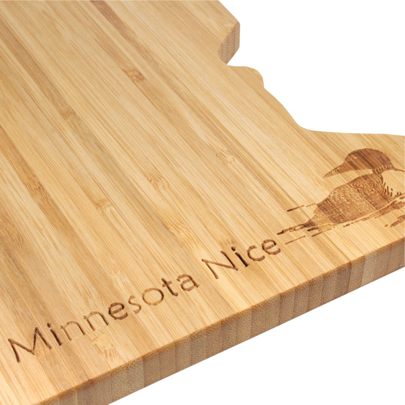 Minnesota Nice with Loon engraved cutting and serving board close up on engraved part 