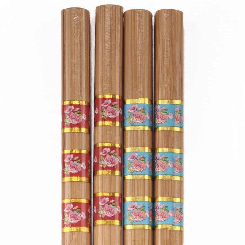 red and blue floral striped bamboo chopsticks zoom