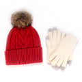 Women's Classic Winter Pom Pom Beanie Hat and Gloves Set