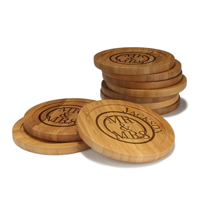 Engraved Bamboo Coaster Set - Round - Mr & Mrs Circle - (10 Coasters/Set)