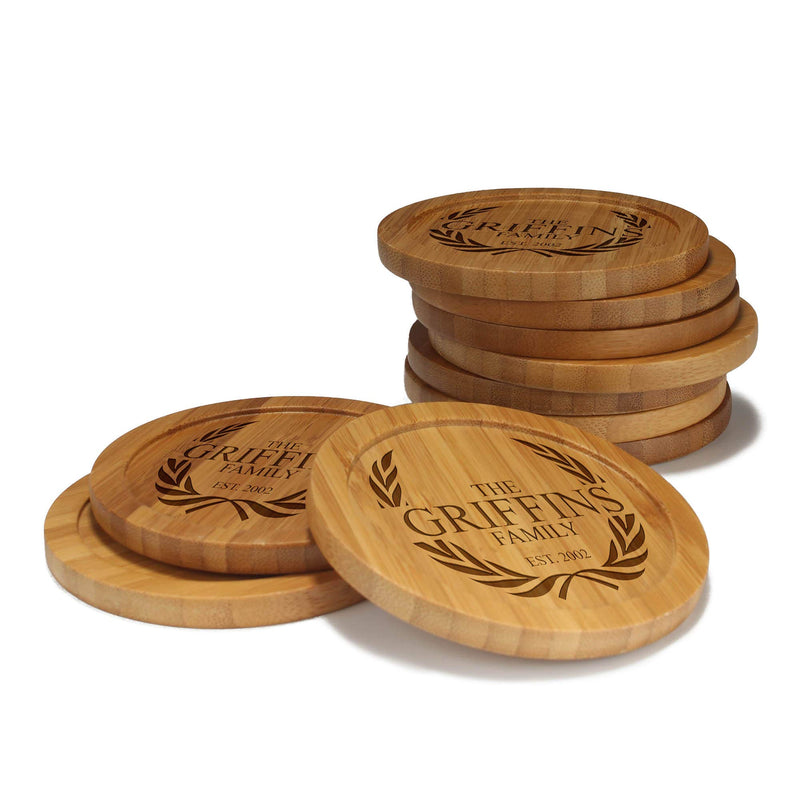 Engraved Bamboo Coaster Set - Round - Family Laurel - (10 Coasters/Set)