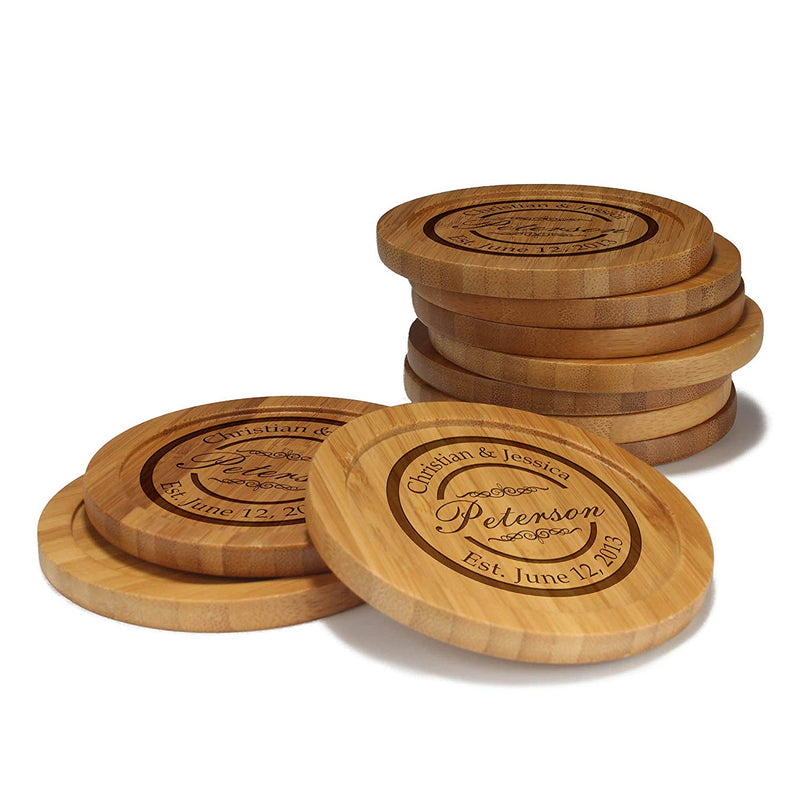 Engraved Bamboo Coaster Set - Round - Couple Circle Stamp - (10 Coasters/Set)