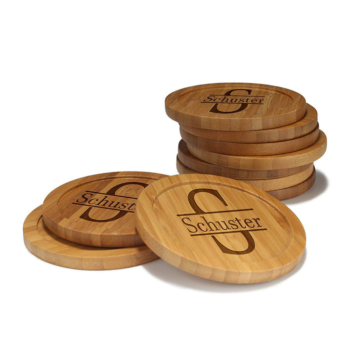 bamboomn Family Stamp Round Custom Engraved Bamboo Coaster Set