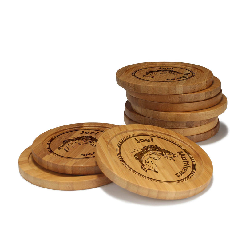 Engraved Bamboo Coaster Set - Round - Fish Circle - (10 Coasters/Set)