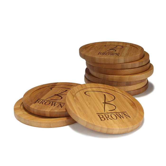 bamboomn Simple Monogram Thin Font Custom Engraved Bamboo Round Coaster Set