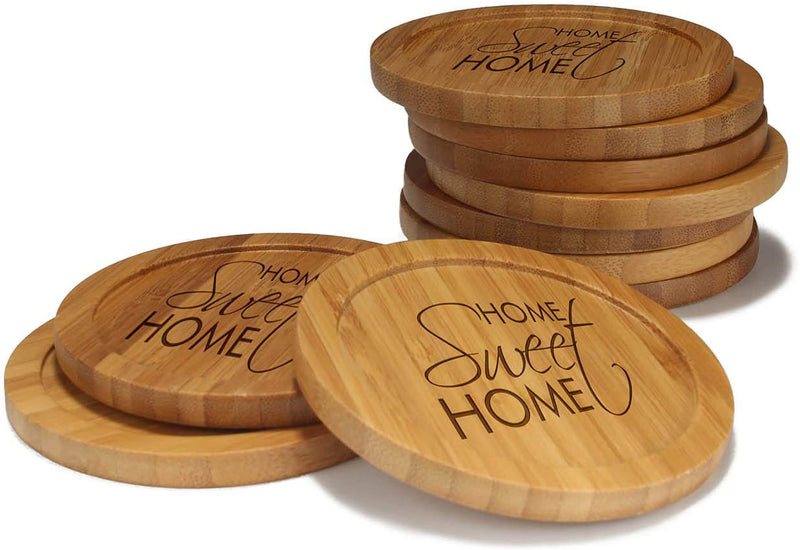 Engraved Bamboo Coaster Set - Round - Home Sweet Home Simple - (10 Coasters/Set)
