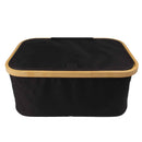 Black yarn tote closed for knitting and crafts, bamboo frame on top, with lid