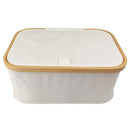 White crafting, knitting, crochet, storage basket with bamboo frame on top and lid