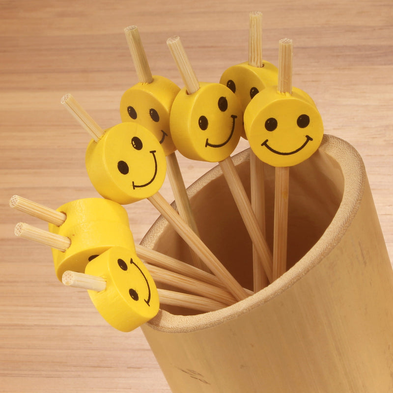 smiley face yellow smile bamboo picks display