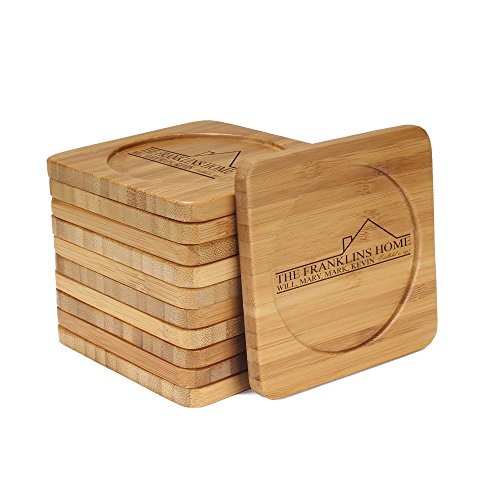 Personalized Bamboo Coasters Set With Holder - Custom Engraved Drink Coasters, 3.7" Square, Monogram Gift For Weddings, Housewarming