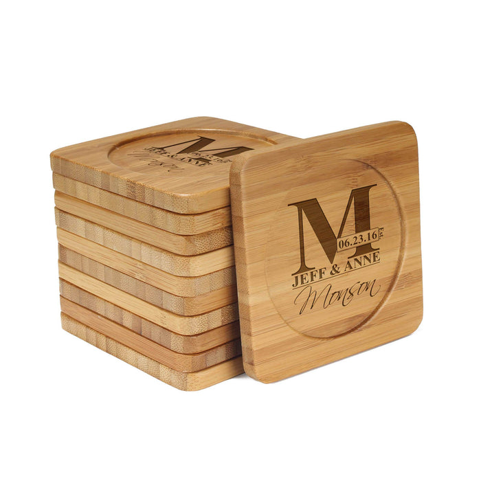 bamboomn Famlily Name Letter Square Custom Engraved Bamboo Coaster Set
