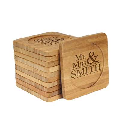 Engraved Bamboo Coaster Set - Square - Mr & Mrs Basic - (10 Coasters/Set)