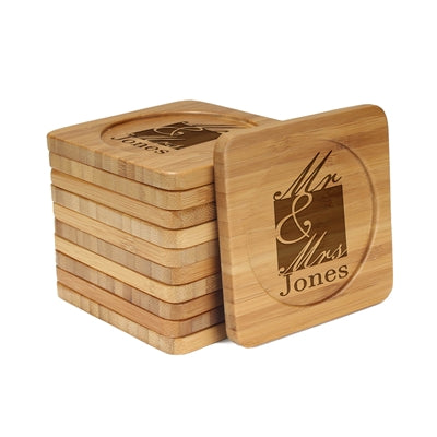 bamboomn Mr. and Mrs. Square Custom Engraved Bamboo Coaster Set
