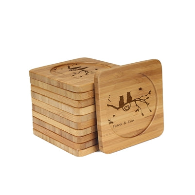 Engraved Bamboo Coaster Set - Square - Couple Branches - (10 Coasters/Set)