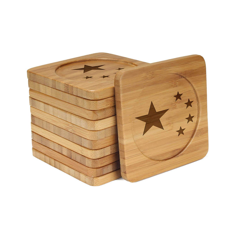 Engraved Bamboo Coaster Set - Square - China Flag - (10 Coasters/Set)