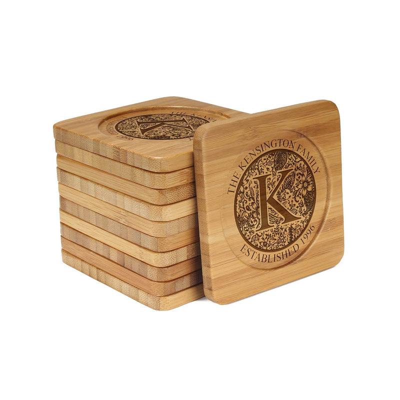 Engraved Bamboo Coaster Set - Square - Floral Family Circle - (10 Coasters/Set)