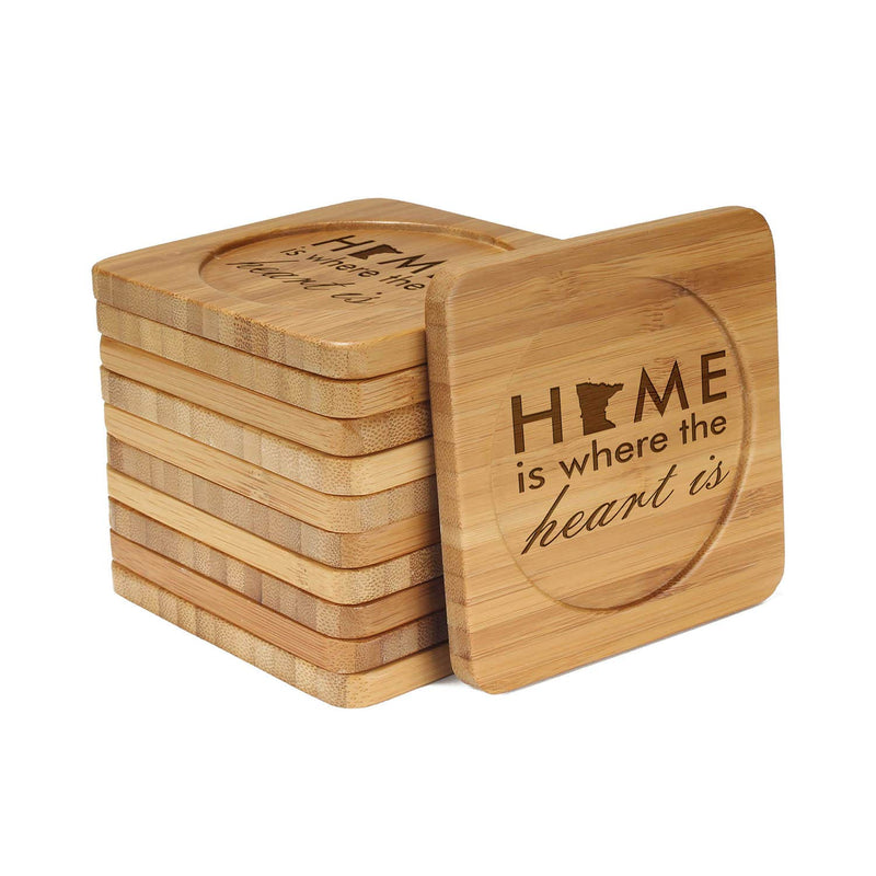 Engraved Bamboo Coaster Set - Square - Home is Where the Heart is - (10 Coasters/Set)