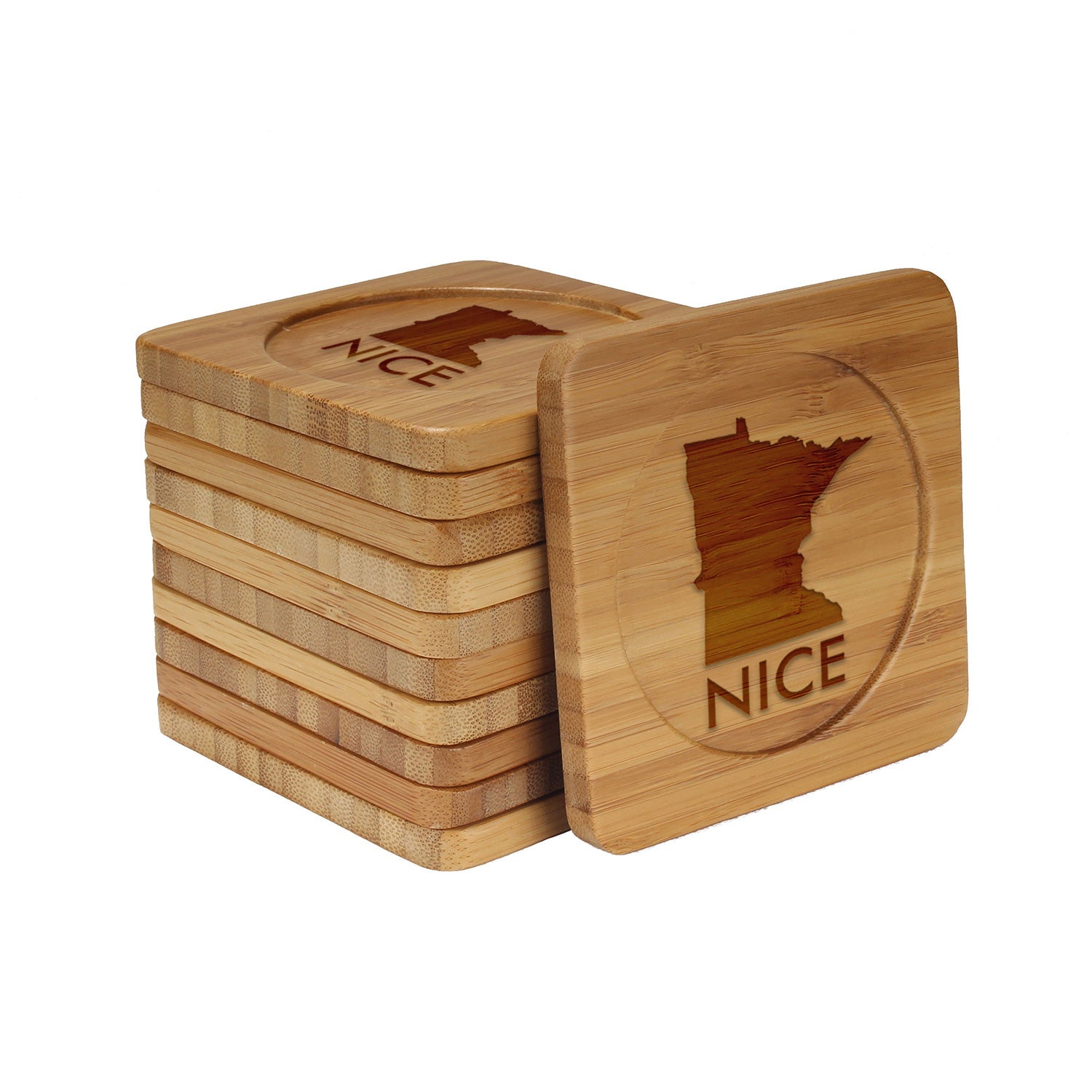 Engraved Bamboo Coaster Set - Square - MN Nice - (10 Coasters/Set)