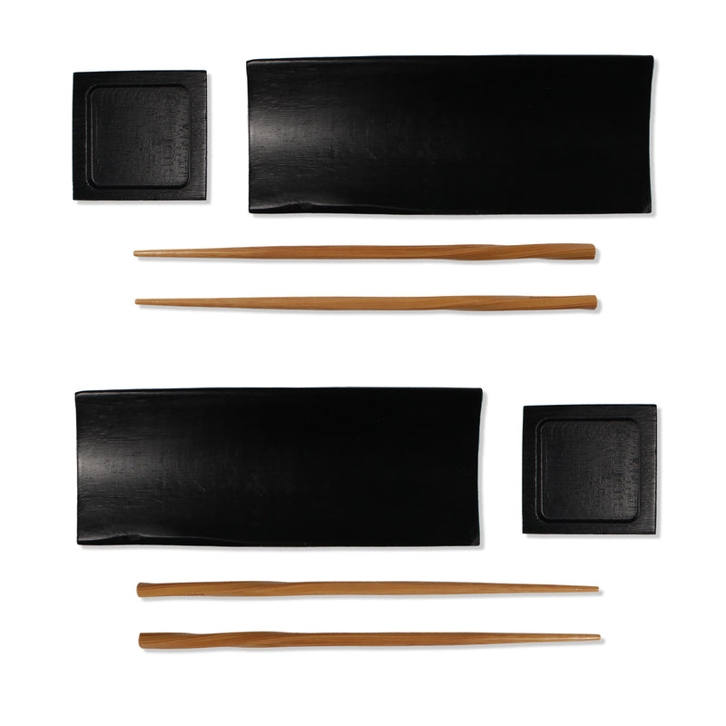 Bamboo Sushi Serving Plates/Trays: 6 Pieces Total, 2 Sets of 7" Plates, Reusable and Eco-Friendly - Chopsticks, and Soy Sauce Dishes Included!