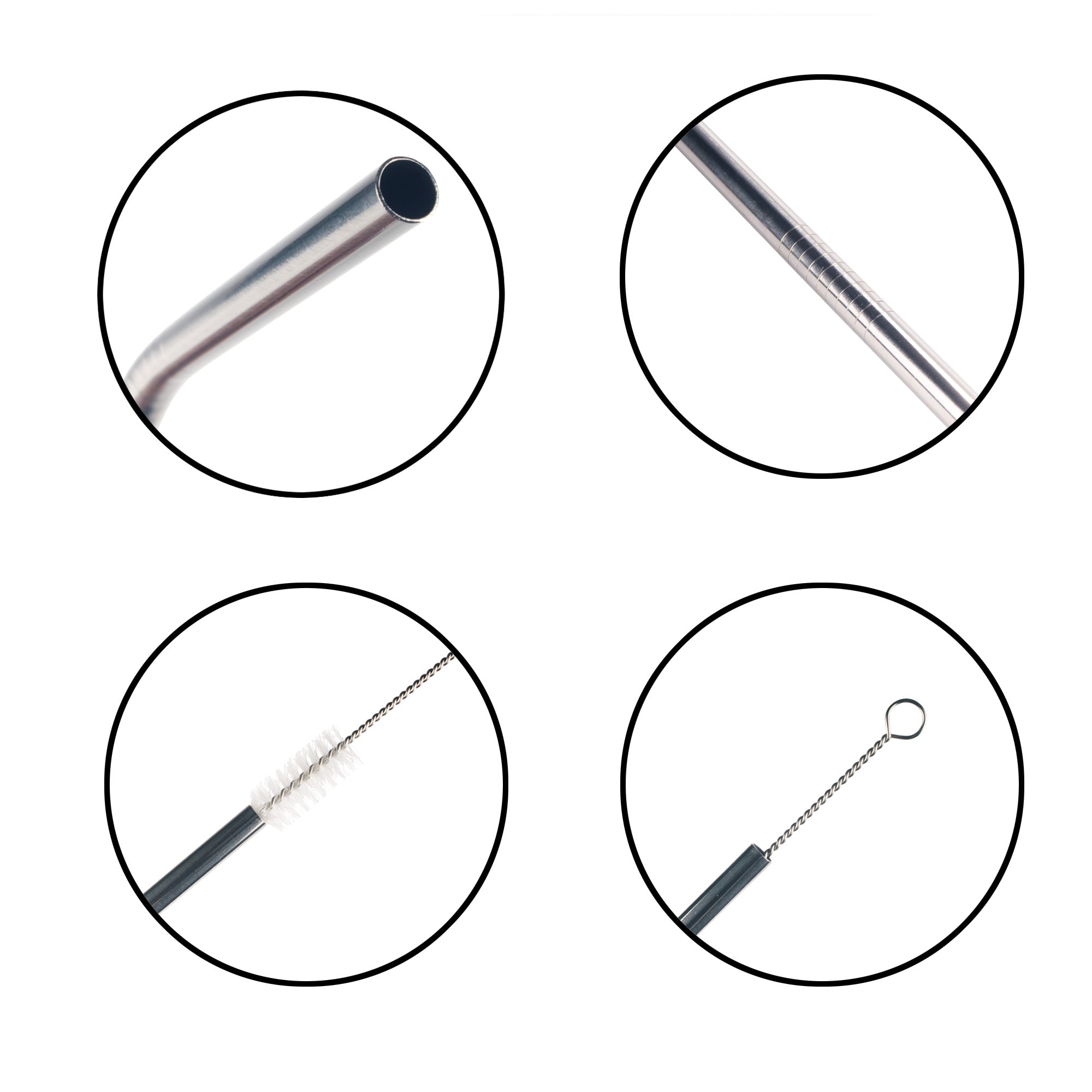 metal drinking straws close up on different parts