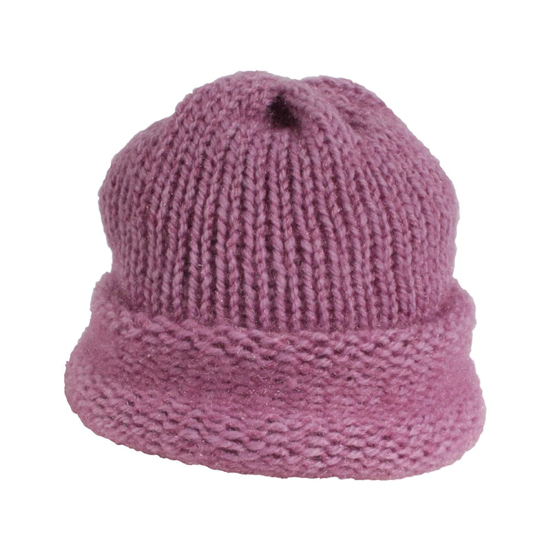 Super Soft Hand Knit Winter Hat for Women, Men, and Children lilac rolled up