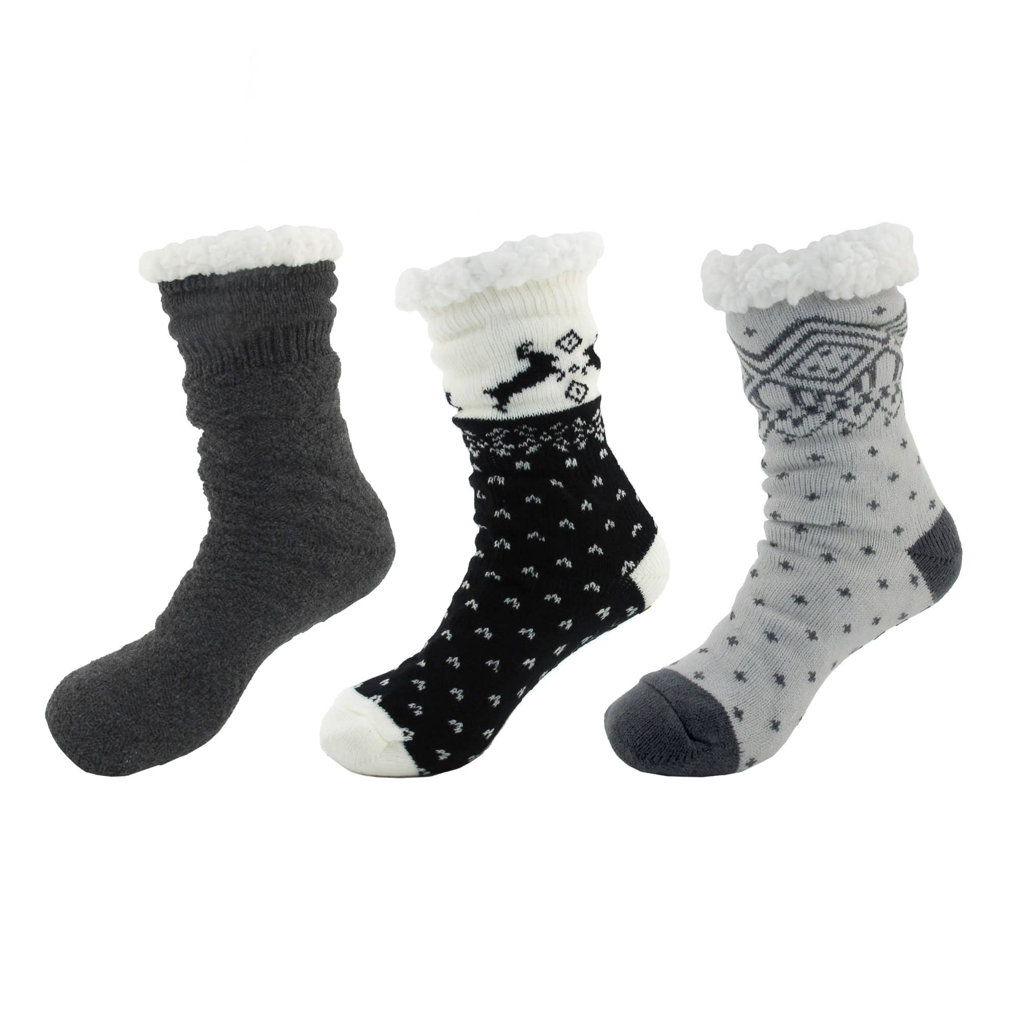 Thermal Fleece-Lined Knitted Non-Slip Crew Socks: 3 Pairs