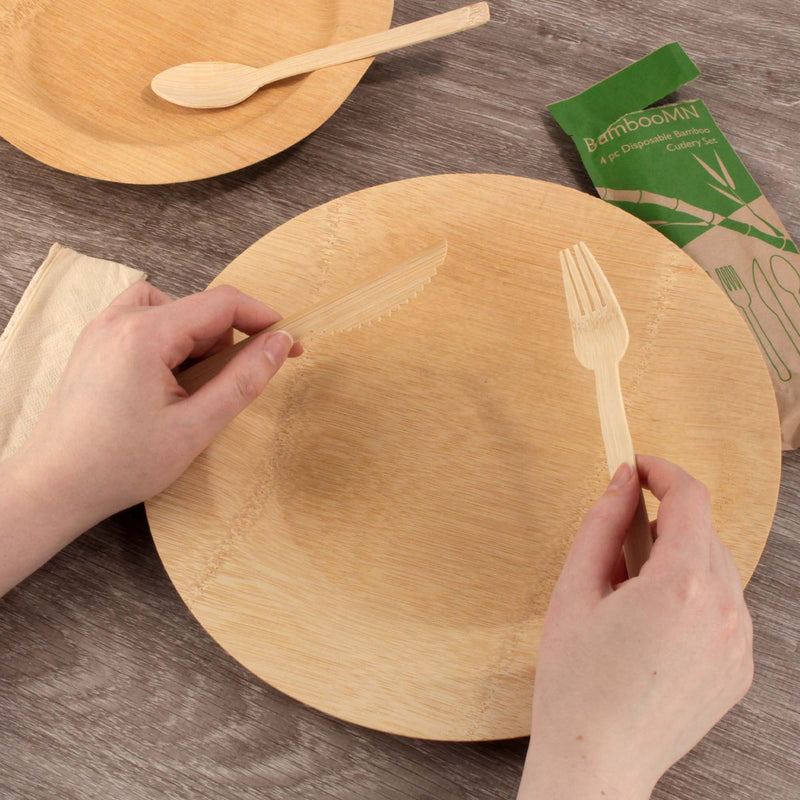 Bamboo Veneer Utensil 4pc plate hands table