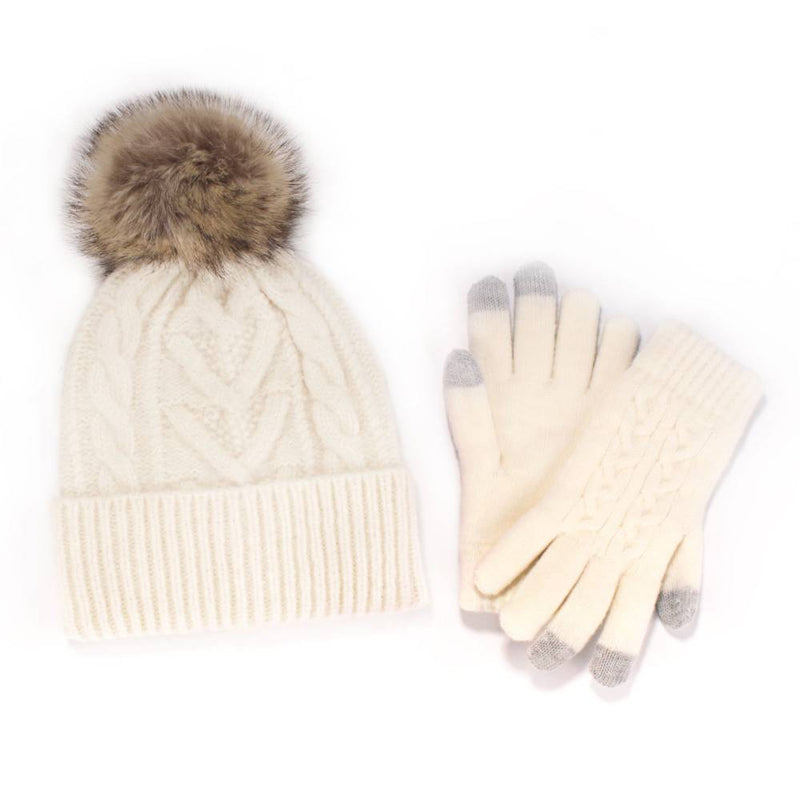 Women's Classic Winter Pom Pom Beanie Hat and Gloves Set