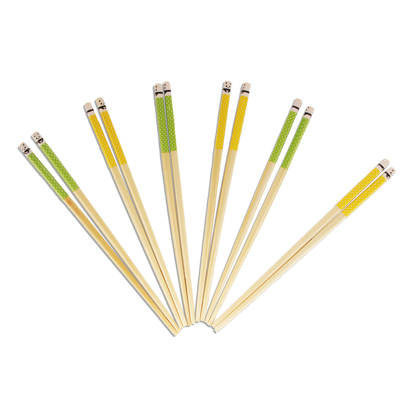 yellow and green polka dot panda bamboo chopsticks spread